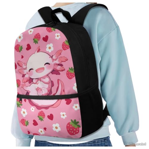 Strawberry Axolotl Backpack for Girls Kids Backpack with Lunch Box Pencil Case and Water Bottle Pouch 4PCS Set Cute Backpacks for Teen Girls Bookbag for Elementary Back to School Supplies - color: Axolotl Strawberry