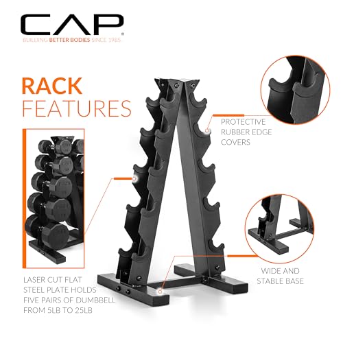 CAP Rubber Coated Hex Dumbbell Set with Storage Rack | 100–210 lb Options, Space-Saving Vertical Compact Storage for Home Gym Strength Training - size: 150 lb - Set, style: 12-Sided Black Handle
