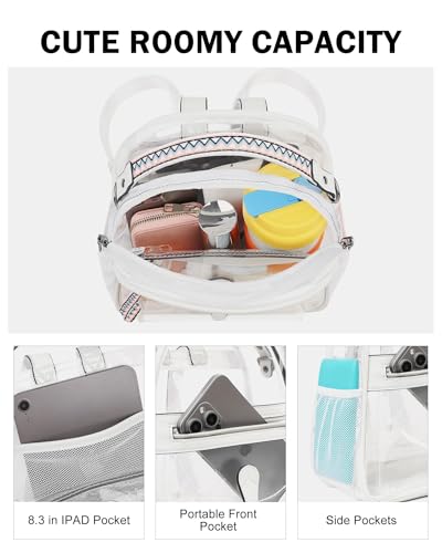 FADEON Clear Small Backpack Purse for Women, Designer Transparent Shoulder Handbag, PVC Mini Clear Bag for Stadium Approved - color: White Retro Style