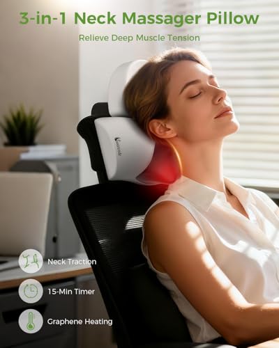 Upgraded 3-in-1 Neck Massager Pillow with Heat, Portable Cordless Neck Massager for Pain Relief Deep Tissue, Rechargeable Pillow Massager for Neck & Shoulder Relaxation (Gray)