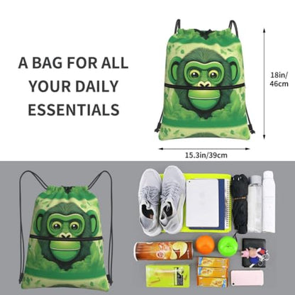 Green Clever Monkey Prints Drawstring Zipper Backpack Lightweight Sport Gym Bag Water-Resistant Travel Throw Cover for Men Women Teens