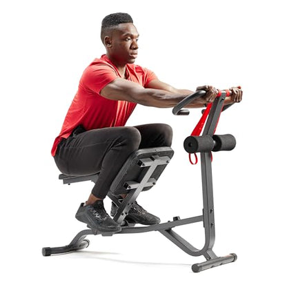 Sunny Health & Fitness Full Body Stretch Machine for Home Gym, Back Stretcher & Flexibility Trainer with Pivoting Seat, Foam Rollers, Safety Straps, Handlebar & SunnyFit App - color: Black