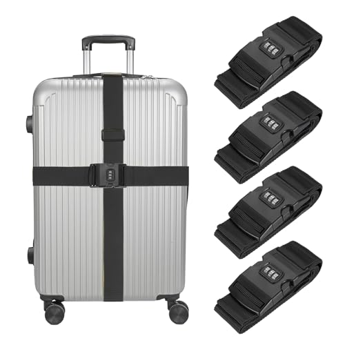 MECCANIXITY Luggage Straps with Combination Lock Adjustable Suitcase Belt Strap for Suitcase Briefcase Backpack Travel, Black, Pack of 4 - color: Black