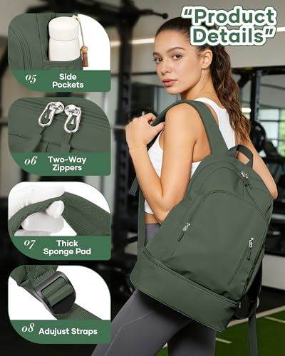Gym Backpack for Women Men,Waterproof Gym Backpack with Shoe Compartment,Lightweight Sports Gym Bag Casual Daypack,Army Green - color: C-army Green