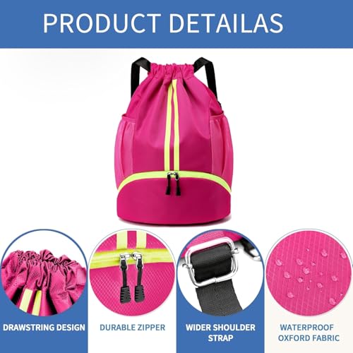 Drawstring Backpack Gym Bag with Shoe Compartment - Ideal for Basketball, Swimming, Beach Activities, Unisex - color: Rose Red