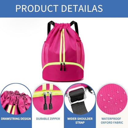 Drawstring Backpack Gym Bag with Shoe Compartment - Ideal for Basketball, Swimming, Beach Activities, Unisex - color: Rose Red