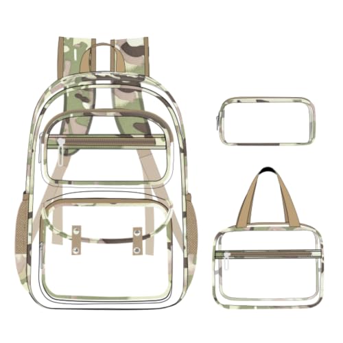 ACESAK Clear Backpack for Girls - 3 Pcs Clear Backpack Heavy Duty with Lunch Bag - See Through Bookbag Stadium Approved for Kids Middle High College School(Khaki Camouflage) - color: Khaki Camouflage
