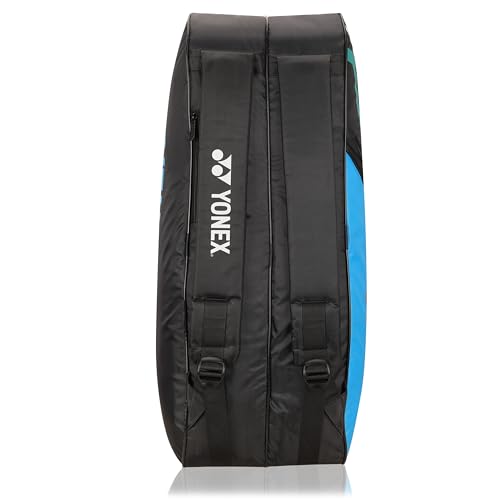 Yonex Stylish Badminton Kit-Bag |Double Zipper Compartment for Storage of 6 Rackets and Clothes|Side Pocket |Back Straps |Accessories Compartment |Made in India - color: BLACK SKY BLUE