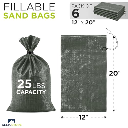 Heavy Duty Sand Bags Pack of 6, Army Green Empty Sandbags with Built-In Ties, Woven Polypropylene UV Protection 1600 Hours, Fillable Bags for Flood Control, Weight, 12x20 inches, 25 Pounds Volume - size: 12"W x 20"L, style: Pack of 6