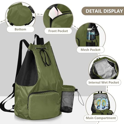 ODAWA Army Green Drawstring Beach Bag for Workout Drawstring Backpacks with Water Bottle Pocket - color: Army Green