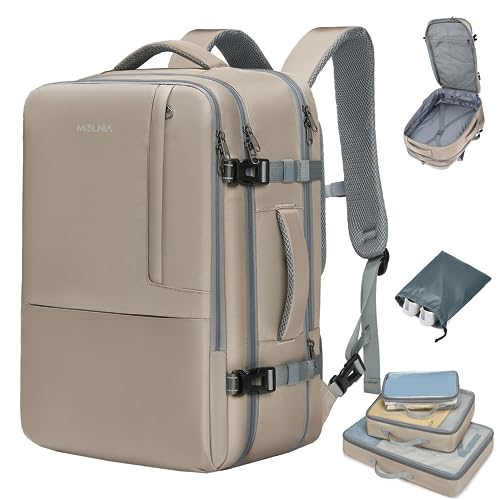 MOLNIA 50L Expandable Travel Backpack for Women Men, Carry On Travel Essentials, Flight Approved Fits 21 Inch Laptop Backpack, Waterproof Business Suitcase Weekender Backpack, Beige - color: Beige With Packing Cubes, size: X-Large