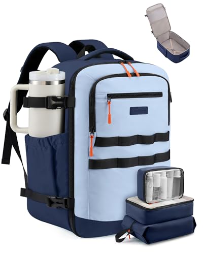 LOVEVOOK 40L Travel Backpack for Women & Men, TSA Approved Carry On Backpack with 3 Packing Cubes, Waterproof Personal Item Bag Fits 17" Laptop, Weekender Essentials Overnight Backpack for Trip - color: Blue, size: 40L-4PCS