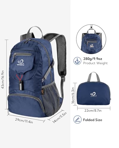 WATERFLY Small Lightweight Packable Backpack: 20l Ultra Light Foldable Travel Hiking Camping Daypack Day Pack for Man Woman - color: Dark Blue