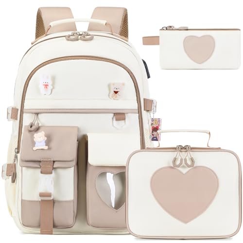 ACESAK Backpack for Girls - Bookbag Backpacks Schoolbag for Girls Kids Teen Women Casual Travel Daypacks - School Bag Elementary Middle School College Cute Backpack with Lunch Box (Khaki White) - color: Khaki White