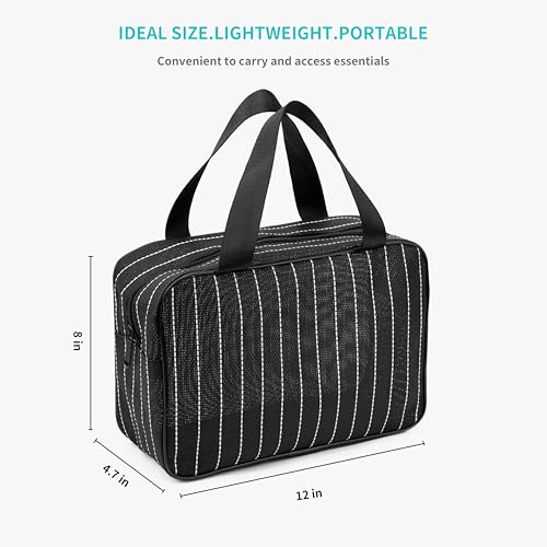 REDSINDA Mesh Shower Caddy Bag for Bathroom Gym Camping Portable Travel Mesh Toiletry Bag for Women Men - color: Large Black with White Stripes