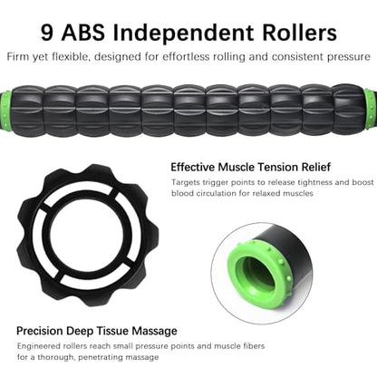 Muscle Roller Massage Roller Stick- Deep Tissue Fascia Blaster for Myofascial Pain Relief, Lymphatic Drainage & Body Sculpting, Handheld Physical Therapy & Recovery Tool (Green black-18 inch) - color: Green Black