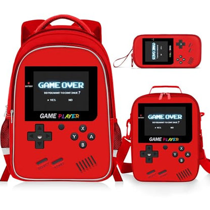 Backpack for School Boys,3pcs Boys Backpack and Lunch Box Set for Elementary Middle School, 17″ Video Game Bookbag for Ages 6-18 Kids Children Teens - color: Game Backpack Set-red