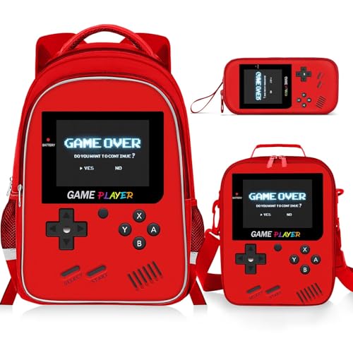 Backpack for School Boys,3pcs Boys Backpack and Lunch Box Set for Elementary Middle School, 17″ Video Game Bookbag for Ages 6-18 Kids Children Teens - color: Game Backpack Set-red