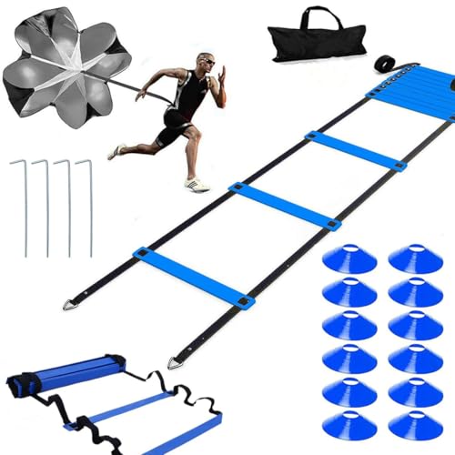 20ft Sports Agility Ladder, Agility Training Equipment for Football, Exercise, Tennis, Legs Workout with Speed Parachute, Cones and Carry Bag