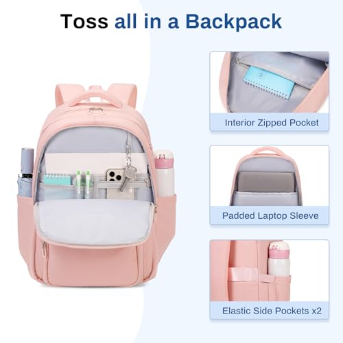 Sisipoet School Backpack for Girls, Lightweight Kids Bookbag Classic College Backpack for Teen Women with Luggage Strap, Age 8-18 Years Old, Pink - color: Pink