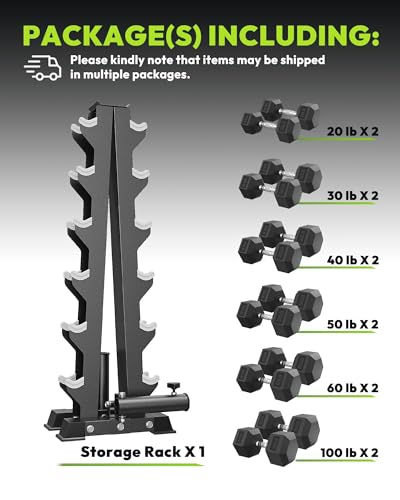 HANDBODE Rubber Coated Hex Dumbbell Set with A-Frame Rack, 100 lb - 600 lb Multiple Options Weight, Hexagon Non-Rolling Shape, Ergonomic Knurled Handle, Home Gym Equipment for Strength Training - style: 600 lb (20, 30, 40, 50, 60, 100 lb) X 2 & Rack