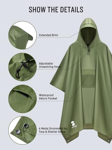 SaphiRose Extra Thick Hooded Rain Poncho Double Layer Waterproof Raincoat Jacket for Men Women Adults - color: Green