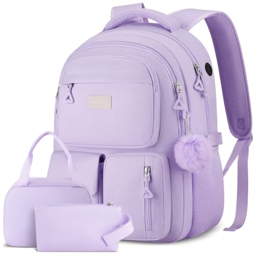 kadilong Kids School Backpack for Girls,BookBag for Middle School Students Elementary Primary Preschool with Lunch Box Pencil Case,Purple - color: 3 Pack-purple, size: 15,6 inch