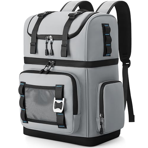 Large Waterproof Insulated Cooler Backpack for Men & Women, Double Decker Leak Proof Cooler Backpack for Beach, Camping, Picnic, Travel, 26L, 44Cans - color: Gray