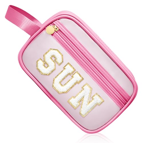 COSHAYSOO Clear Sunscreen Bag Makeup Toiletries Pouch Beach Vacation Essentials Summer Travel Stuff Accessories Personalized Graduation Gifts for Her Women College Teen Girls Teacher Nurse Pink SUN - color: Pink-SUN