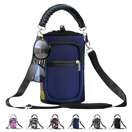 AceTreker 32/40/64/87/128 oz Water Bottle Carrier Bag, Neoprene Water Bottle Sleeve with 4 Pocket, Sport Water Holder with Paracord Handle and Shoulder Strap for Walking Hiking Camping Gym - color: 03.Navy, style: 128 Oz