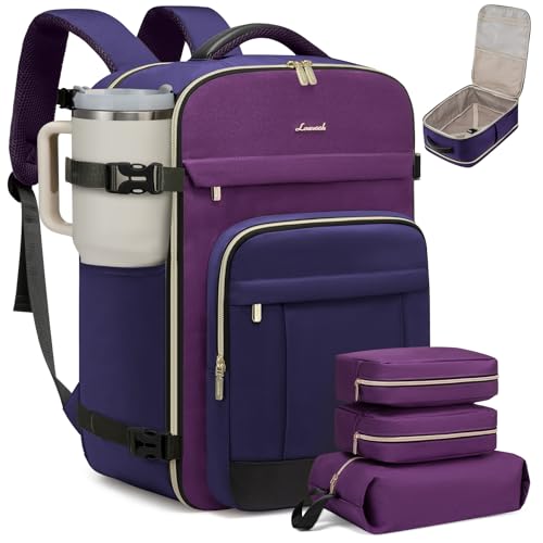 LOVEVOOK 50L Travel Backpack for Women & Men - 18 Inch Carry On Backpack & Personal Item Backpack for Airlines, Spacious and Durable Design, with 3 Packing Cubes - color: Blue Purple-purple-black, size: X-Large-50L-4Pcs
