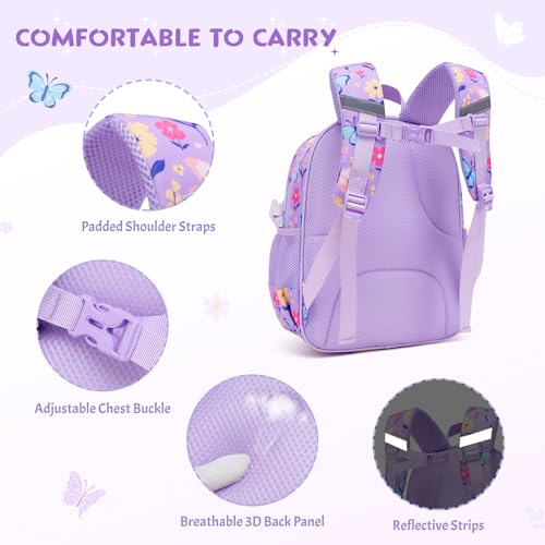 Toddler Backpack for Girls Ages 5-8, 3PCS Girls Backpack with Lunch Bag & Pencil Case - 15inch Kids School Bookbag for Preschool Kindergarten Elementary School (Purple Butterfly) - color: Purple Butterfly