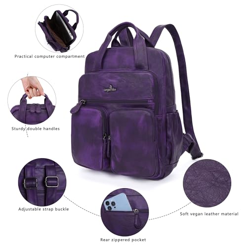 Angel Kiss Backpack Purse for Women Soft Washed Leather Multi Pocket Casual Travel Backpacks… - color: Dark-purple
