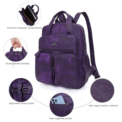 Angel Kiss Backpack Purse for Women Soft Washed Leather Multi Pocket Casual Travel Backpacks… - color: Dark-purple