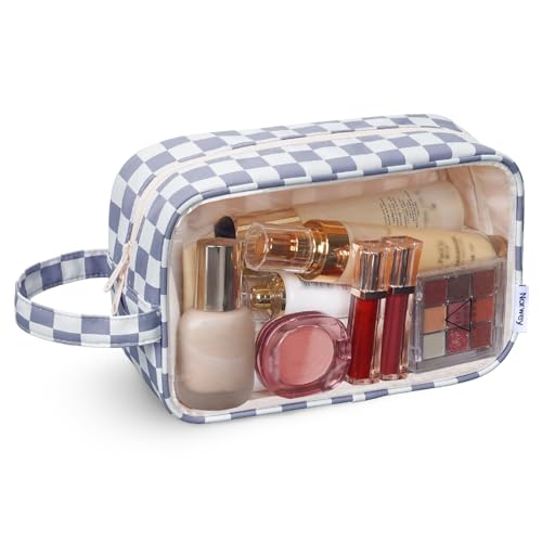 Narwey Clear Toiletry Bags for Traveling Women Men, Clear Travel Bags for Toiletries Makeup Bag Cosmetic Bag with Zipper, Make Up Organizer, Skincare Bag (Grayish Blue Checkerboard) - color: Y-Grayish Blue Checkerboard