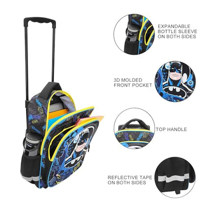 Bioworld Batman Hero Surrounded By Bats 16" Rolling Travel Backpack - color: Blue, Black & Yellow