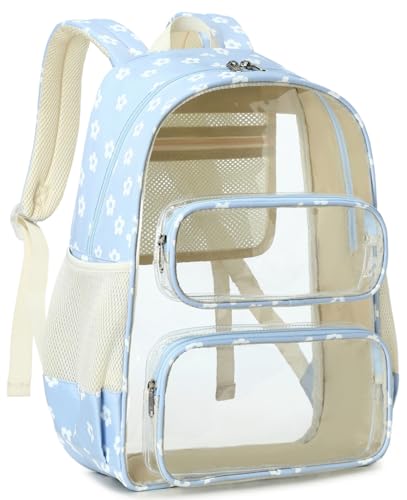 CAMTOP Clear Backpack Heavy Duty Transparent Bag See Through BookBag for Student School Work Festival Sport Travel (Blue Flower) - color: Blue Flower, size: Medium-17‘’