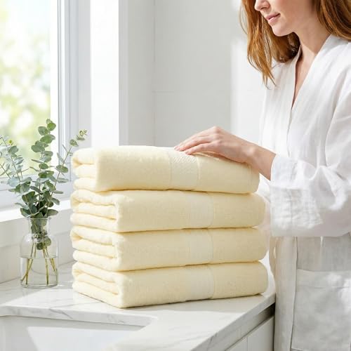 Extra Large Hand Towels for Bathroom - 4 Pack 100% Cotton Bath Towel Set 40 x 20 Inches, Larger & Lighter Weight, Quicker to Dry, Super Soft and Absorbent, Beige Hand Towels Perfect for Bathroom - color: Beige