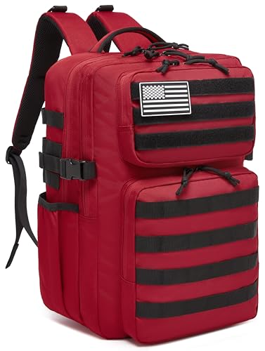 Wotony Military Tactical Backpack for Men Waterproof Daypack 3 Day Assault Pack Molle Bag with Water Bottle Holder - color: Red, size: 35L