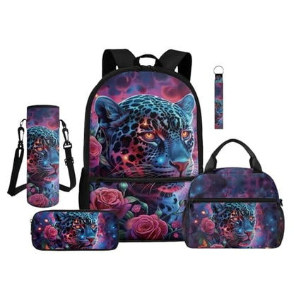 ZDCUSTOM Girls School Backpacks Set 5PCS with Lunch Box, Large Capacity Leopard School Backpack for Girls, Cool Bookbag with Pencil Case Water Bottle Holder Keychain, Elementary School Bags - color: Rose Leopard