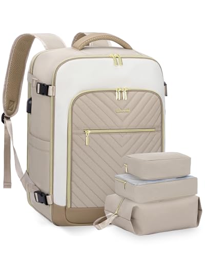 LOVEVOOK Large Travel Backpack for Women, 50L Carry on Backpack Airplane Approved, TSA Personal Item Travel Bag for Women fits 18" Laptop, Waterproof Carry on Bags for airplanes with 3 Packing Cubes - color: Khaki - Beige - Abricot, size: 50L-4Pcs
