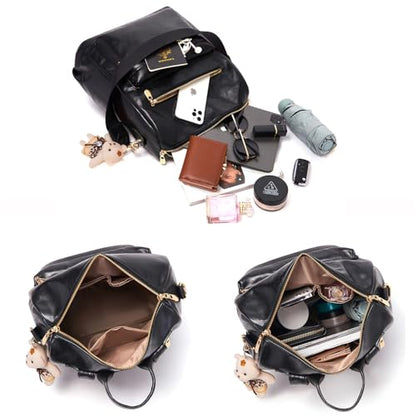 Soperwillton Women Backpack Purse Multipurpose Design Handbags Shoulder Bag PU Leather Travel bag Backpack Set 2pcs - color: Black
