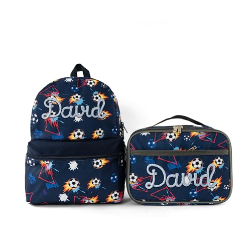 MT WORLD Soccer Backpack with Lunch Box Set Personalized Small Daycare Backpack Set with Name - 15" H Backpacks with Chest Buckle - Insulated Lunch Bag with Exterior & Interior Pockets - color: Football Set, size: Medium