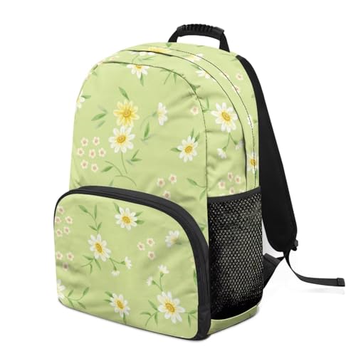Daisy Green Leaf Print Water-Resistant Polyester School Backpack - 17.3 Inch Laptop Compatible Bookbag with All-over Printing & Bottom for High School/College Daily Use Backpack - color: Daisy Green Leaf Print