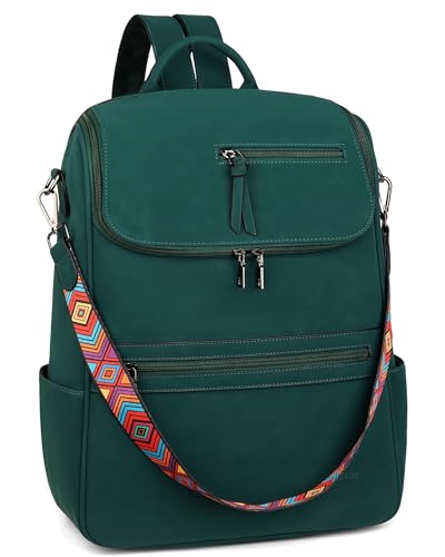 FADEON Laptop Backpack for Women Leather Travel Backpack with Laptop Compartment, Designer Ladies Computer Backpacks Green - color: Dark Green Nubuck Style