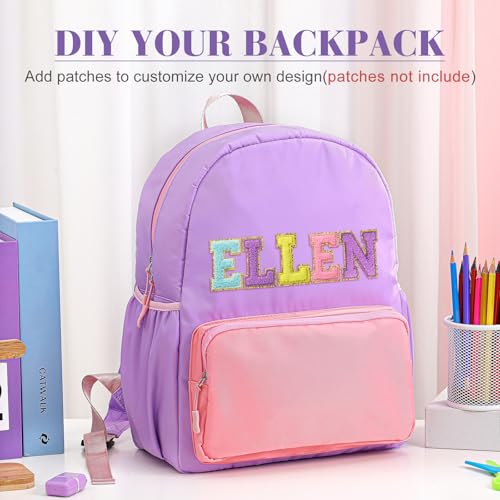 1 Piece Nylon Backpack Kids School Backpack for Toddler Girls Boys Plain Waterproof Preppy Bookbags Travel for Student (Purple and Pink) - color: Purple and Pink