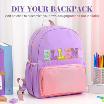 1 Piece Nylon Backpack Kids School Backpack for Toddler Girls Boys Plain Waterproof Preppy Bookbags Travel for Student (Purple and Pink) - color: Purple and Pink