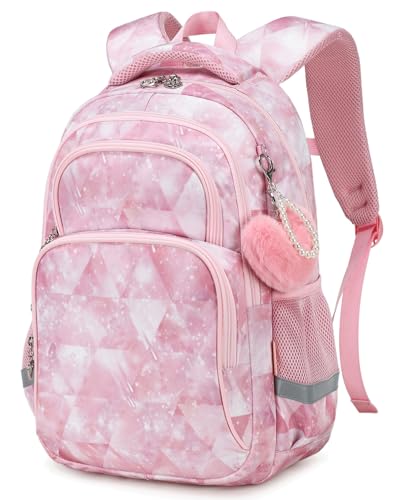Cusangel Pink Girl School Backpack for Kids 6-12 ages, 16in Cute Bookbag Water Resistant, 7 Pockets, Adjustable Chest Strap, Reflective Strip, Large Bookbag For travel,Gifts,Summer Camps - color: Pink-17in