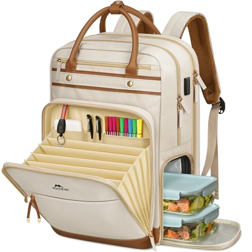 MATEIN Teacher Backpack with Lunch Compartment Detachable, 15.6 Inch Laptop Backpack with Organized Pocket, College Computer Work Backpacks Meal Prep Bag Gift for Women Nurse Commute Office - color: Beige
