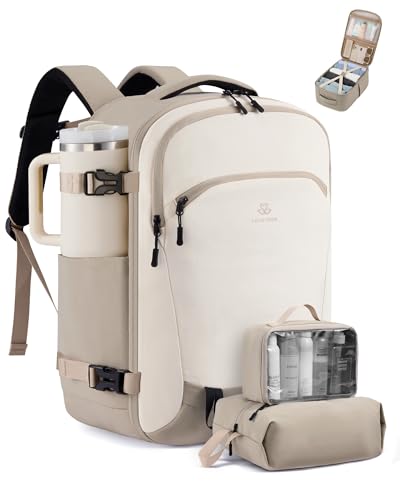 LOVEVOOK 40L Travel Backpack for Women, Airline Approved Carry On Backpack with 2 Packing Cubes, Waterproof Personal Item Bag Fits 17" Laptop, TSA Traveling Essentials Weekender Overnight Backpack - color: Khaki & Black, size: 40L-3PCS